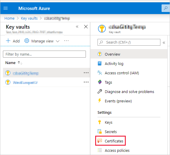 Capture d’écran de la fenêtre Portail Azure, qui montre la page Coffres de clés avec l’élément Certificats en évidence.