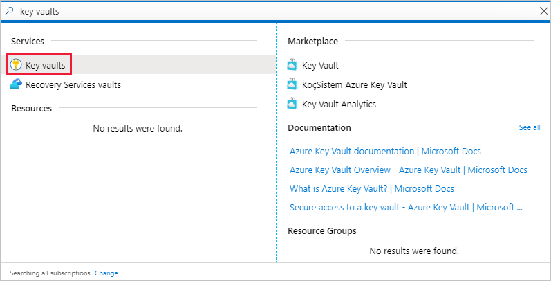 Capture d’écran de la fenêtre Portail Azure, qui montre un lien vers le service Key Vault dans la liste Services.
