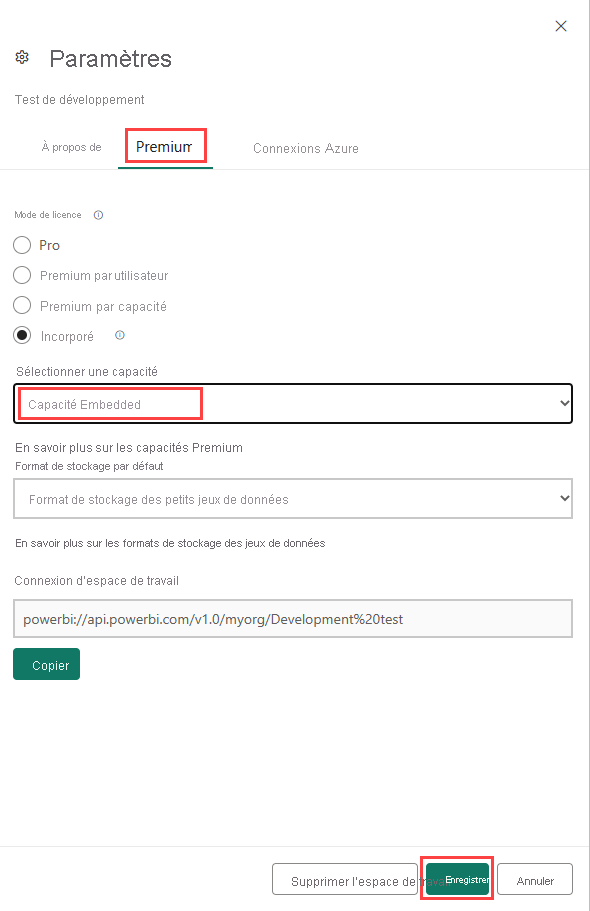 Capture d’écran des paramètres Premium d’un espace de travail dans le service Power BI. Une capacité sélectionnée et le bouton Enregistrer sont mis en surbrillance.