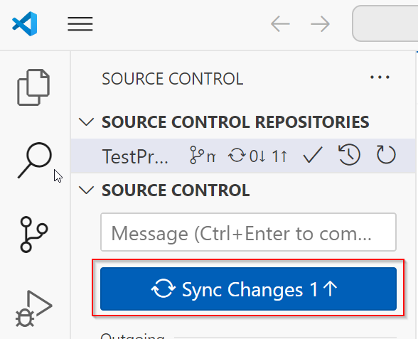 Capture d’écran de l’interface utilisateur associée à Sync (Synchroniser) dans VS Code.