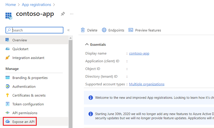 Capture d’écran de la page Expose an API de l’application d’enregistrement Microsoft Entra ID.