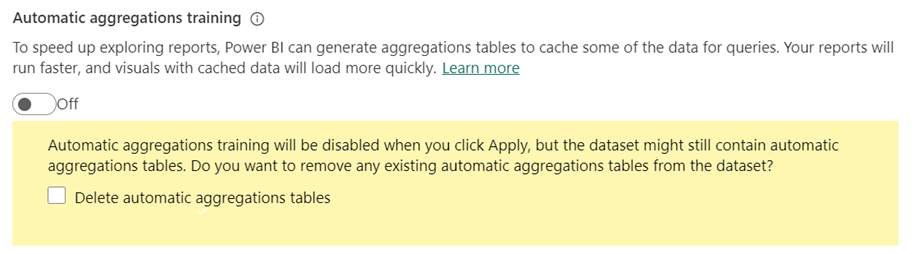 Screenshot of automatic aggregations training off with information about automatic aggregations tables in the model.