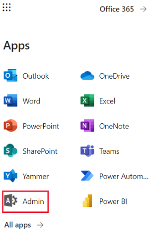 Capture d’écran montrant le sélecteur d’application Microsoft 365.
