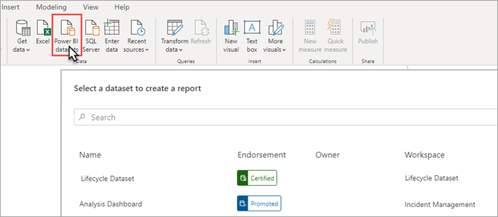 Capture d’écran de Power BI Desktop, « modèles sémantiques Power BI » est mis en surbrillance dans le ruban. La boîte de dialogue Sélectionner un modèle sémantique se trouve dans le volet principal.