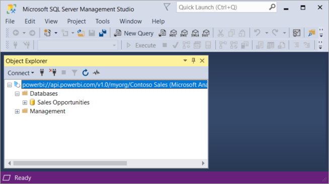 Capture d’écran de la fenêtre Microsoft SQL Server Management Studio. L’Explorateur d’objets se trouve dans le volet principal.