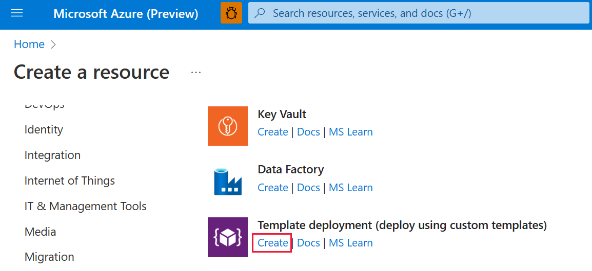 Screenshot of the Create template link in the Create a resource section.