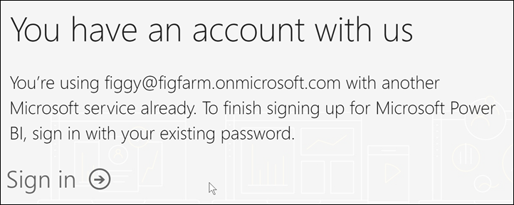 Capture d’écran du service Power BI montrant que Microsoft reconnaît l’e-mail.