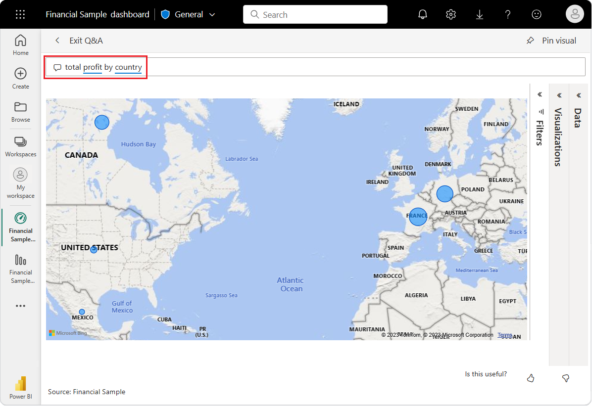 Screenshot of the Q&A map visualization of the Financial Sample data for total profit by country and region.