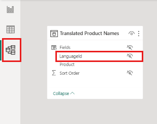 Screenshot shows a table in the Model view with the LanguageId marked as hidden.
