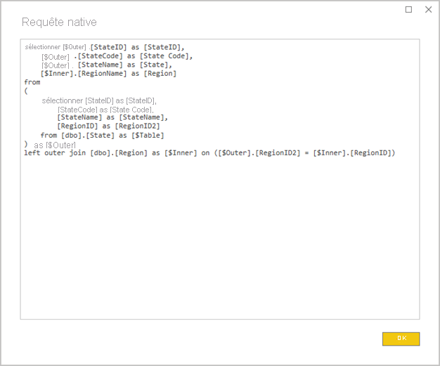 Screenshot of Power BI Desktop showing the Native Query window. A query statement joins two source tables.