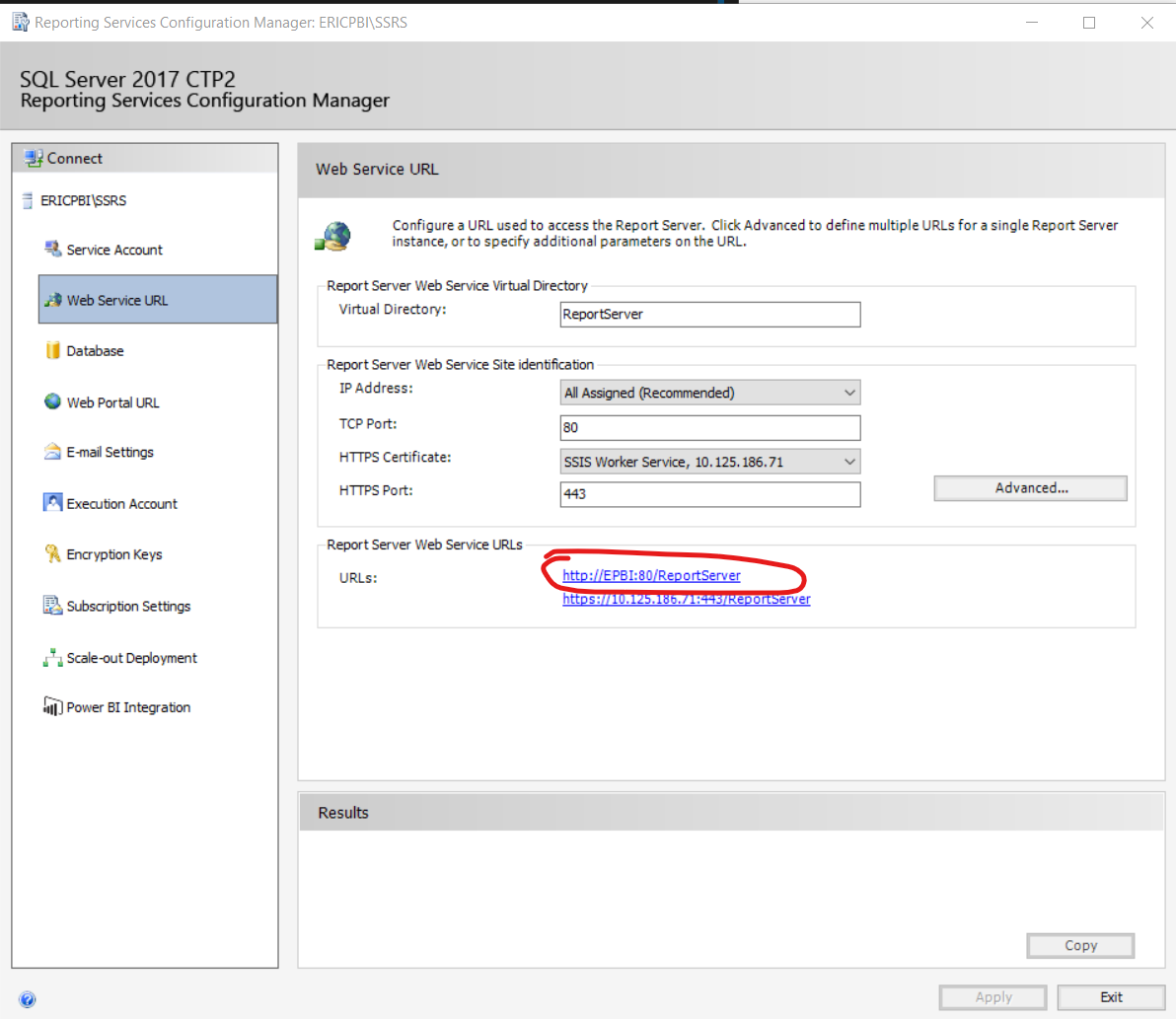 Capture d’écran de l’outil de configuration Reporting Services montrant l’URL du service web.