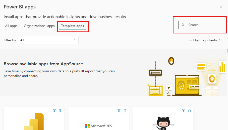 Screenshot shows apps that you can install from Power BI apps.