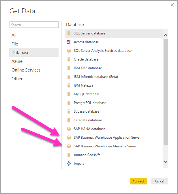 Capture d’écran montrant les options Obtenir des données pour SAP.
