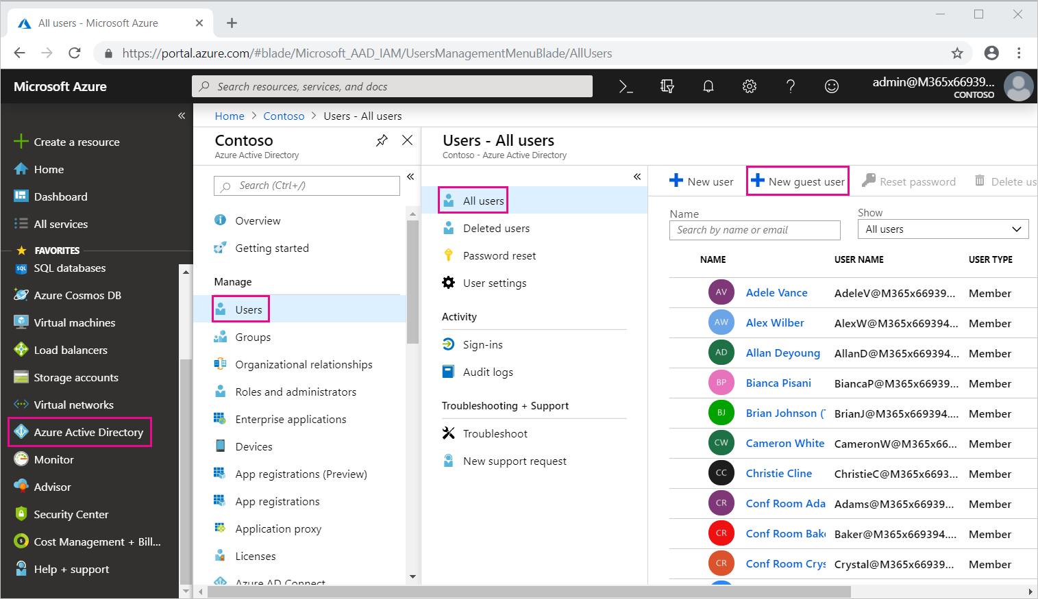 Capture d’écran du portail Azure avec l’option Nouvel utilisateur invité affichée.