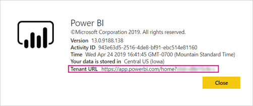 Capture d’écran de la boîte de dialogue À propos de Power BI avec l’URL du locataire de l’utilisateur invité mise en évidence.