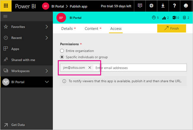 Capture d’écran d’un utilisateur externe ajouté à la liste d’accès d’une application dans Power BI.