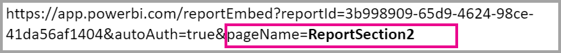 Capture d’écran de l’ajout du paramètre pageName à l’URL avec pageName=ReportSection 2 mis en évidence.