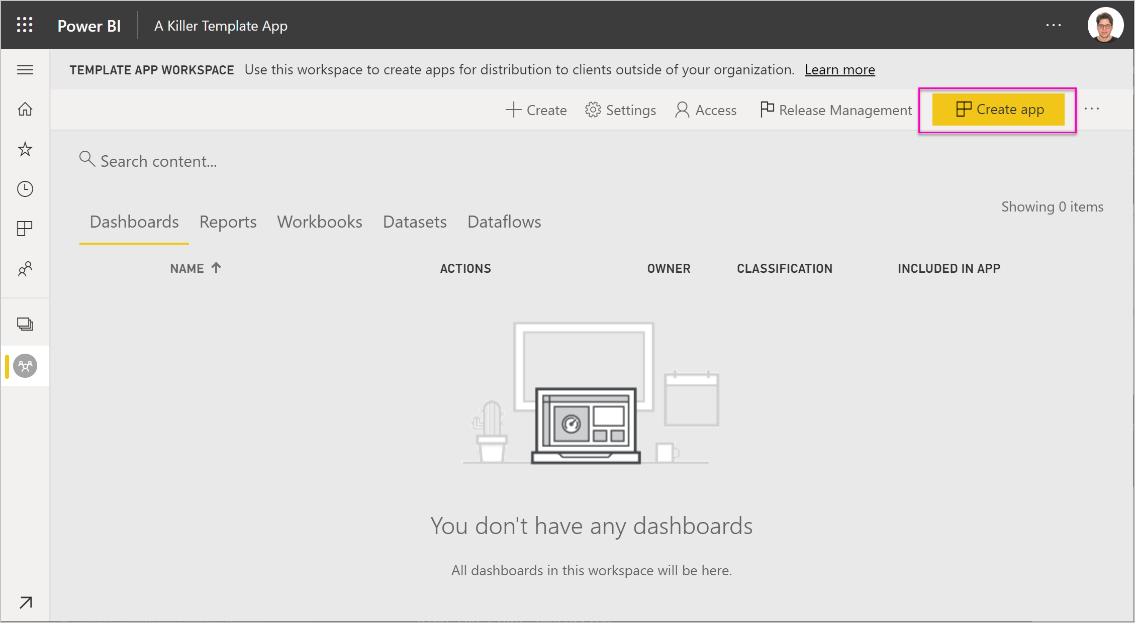 Capture d’écran montrant l’option Créer une application.