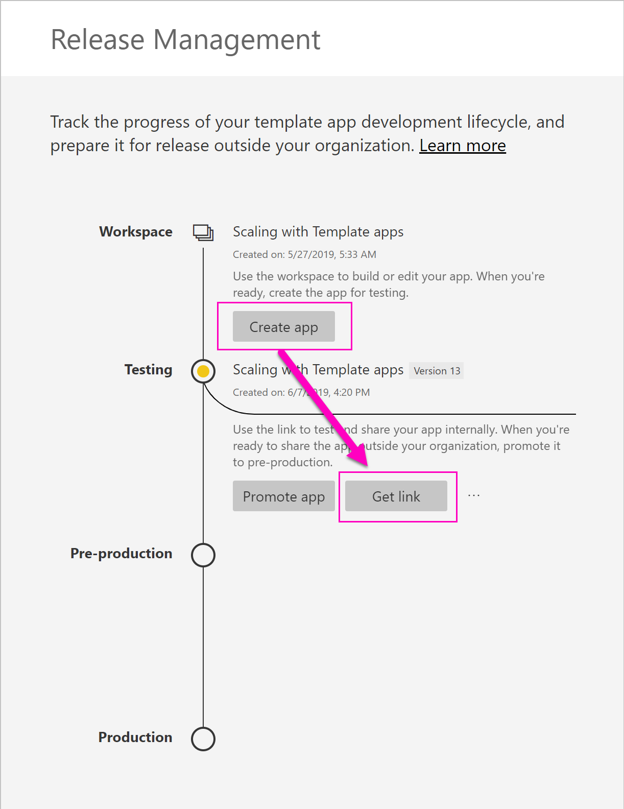 Capture d’écran du volet Gestion des mises en production avec le lien Obtenir mis en évidence.