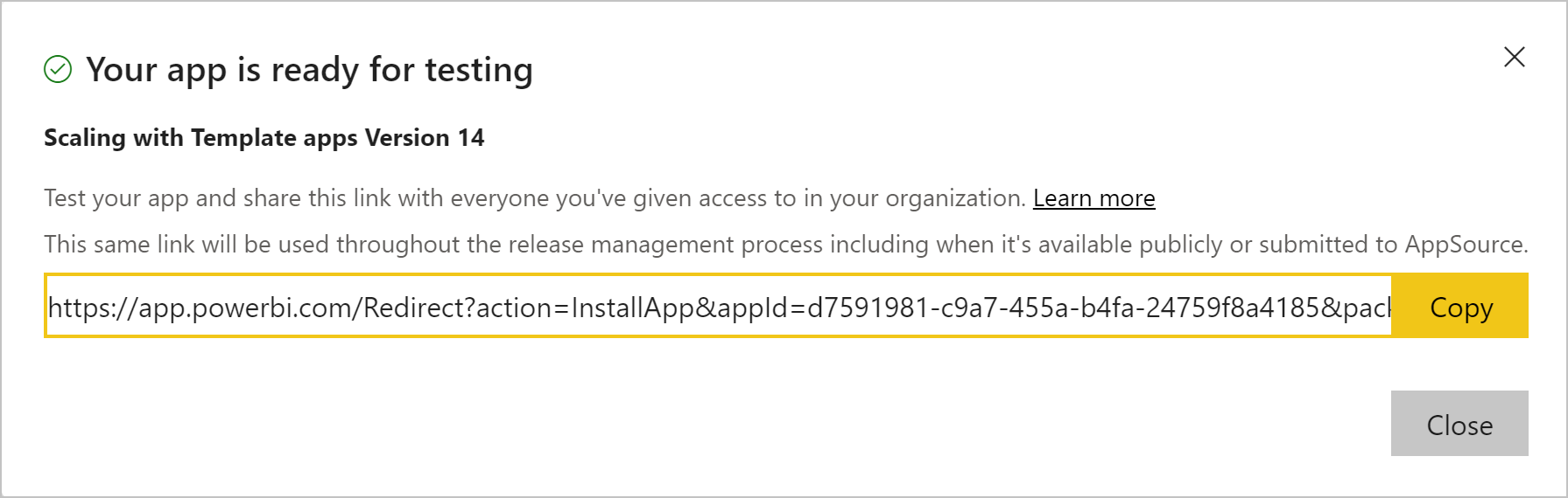 Capture d’écran du message indiquant que l’application de test est prête.