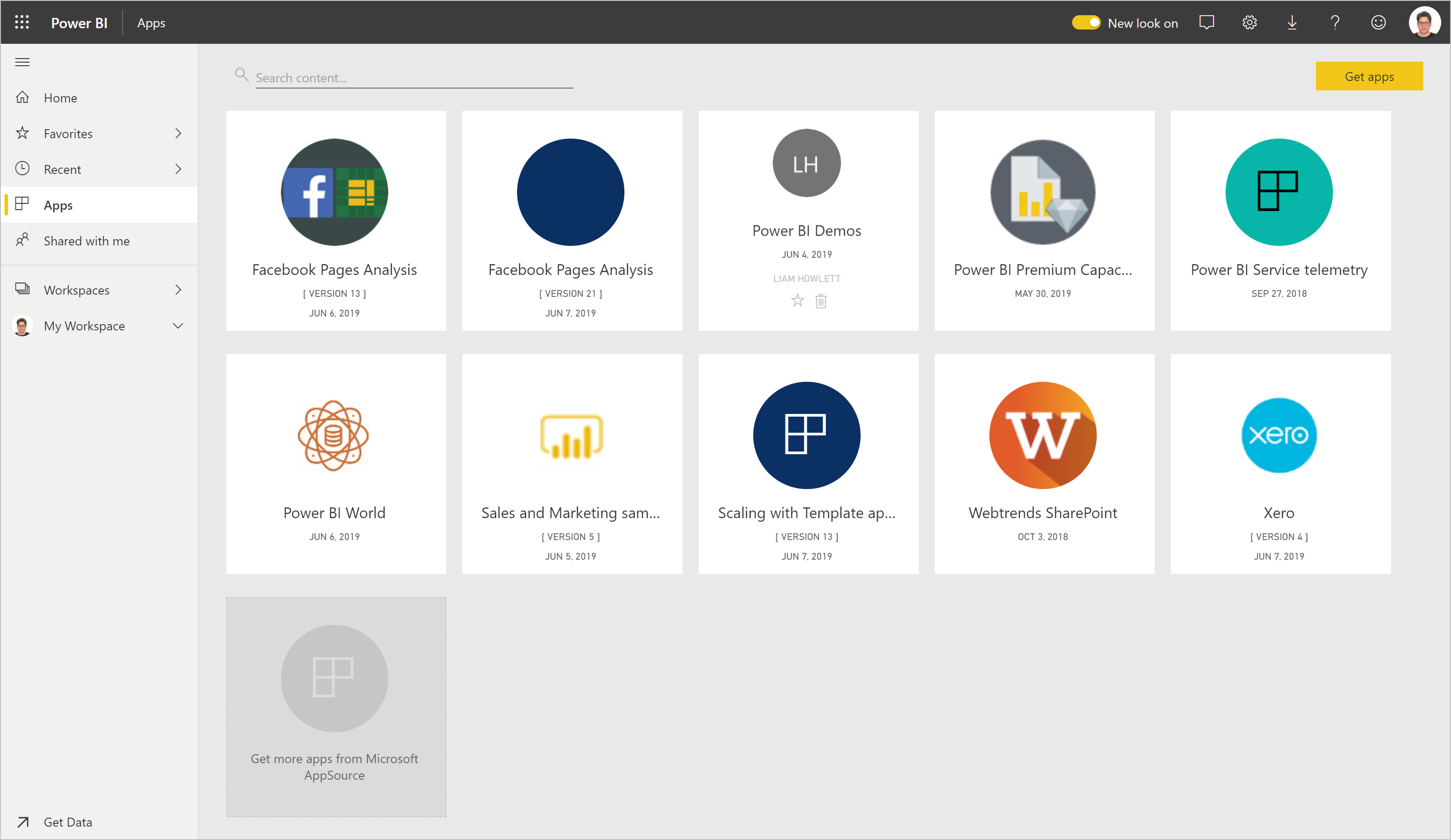 Screenshot of the Power BI apps page with get apps highlighted.