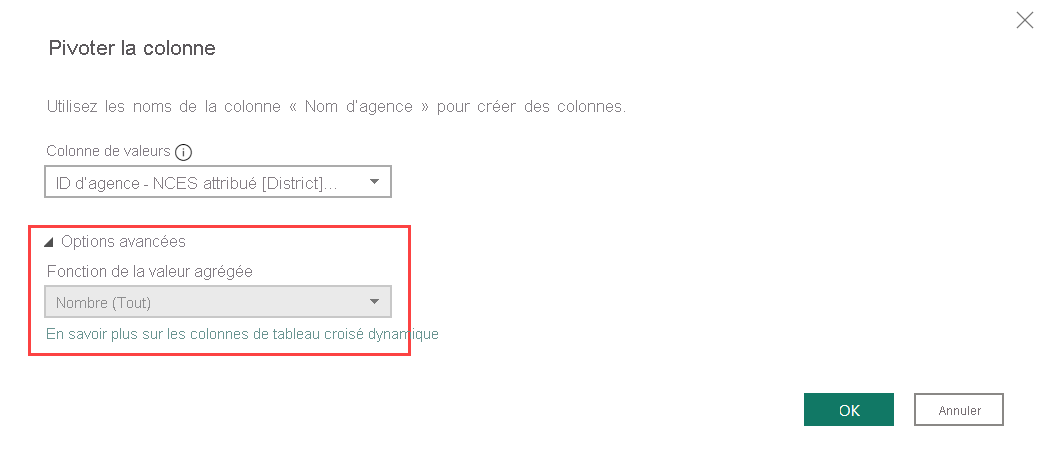 Screenshot of the Pivot Column dialog box highlighting Advanced options.