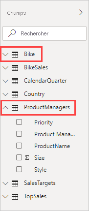 Capture d’écran du volet Champs dans lequel les champs « Bike » et « ProductManagers » sont sélectionnés.