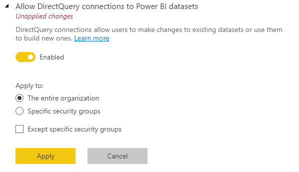 Paramètre d’administration pour activer ou désactiver les connexions DirectQuery aux modèles sémantiques Power BI.