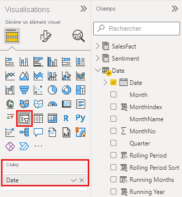 Screenshot of the Visualizations pane with the slicer visual icon and the Field well called out.