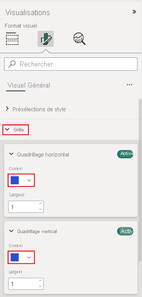 Screenshot that shows table grid options in the Format section of the Visualizations pane.