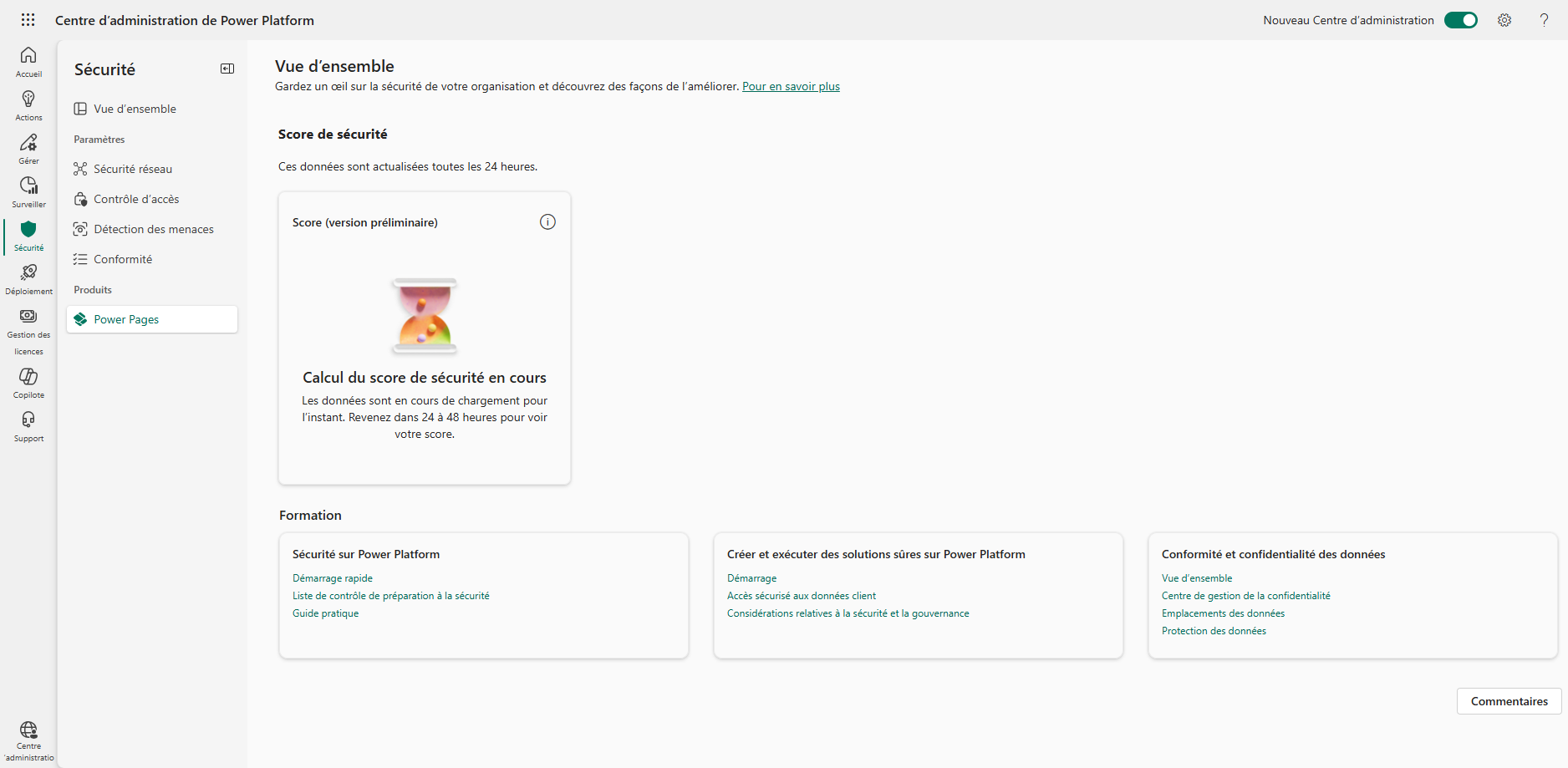 Capture d’écran du tableau de bord de sécurité dans la page Sécurité du nouveau centre d’administration Power Platform.