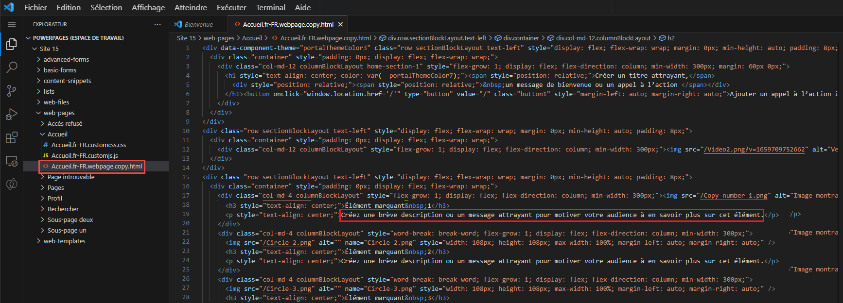 Visual Studio Code avec texte mis en surbrillance pour modification.