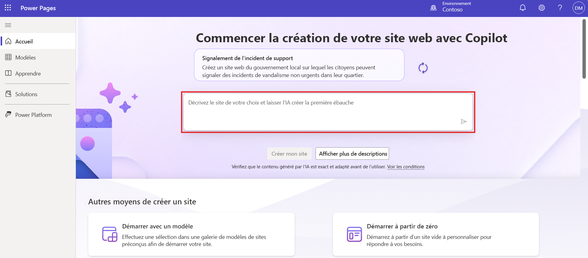 Le Copilot sur la page d’accueil de Power Pages avec un champ de saisie permettant aux utilisateurs de saisir une description du site mis en évidence.