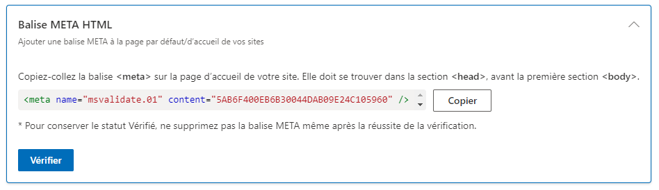 Capture d’écran de l’option Balise meta HTML dans Bing Webmaster Tools.
