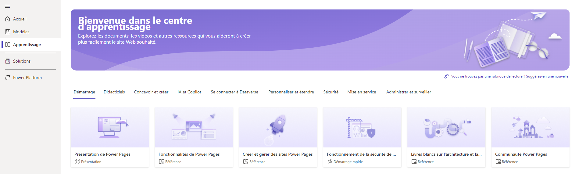 Centre d’apprentissage dans Power Pages.