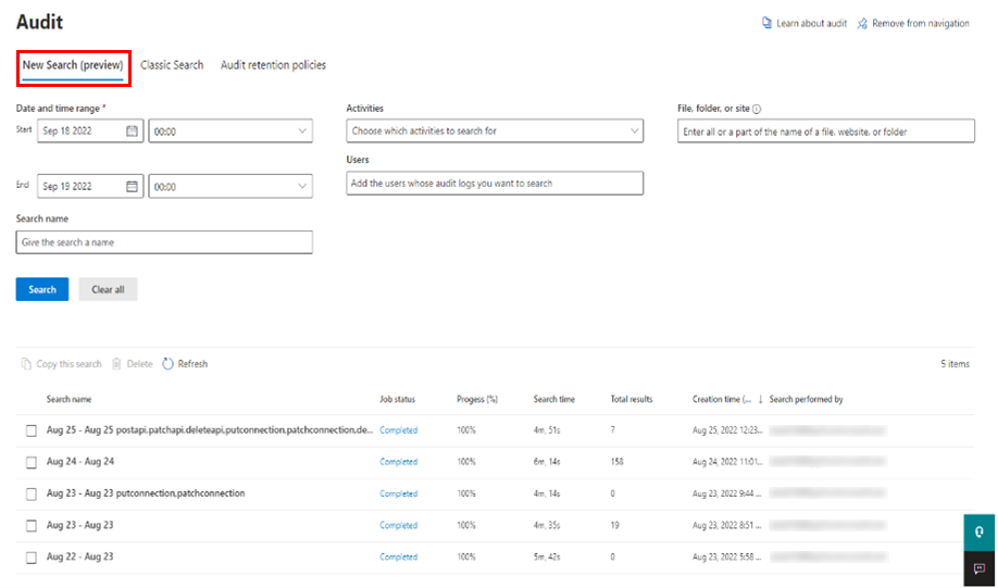 Capture d’écran de l’écran Audit du portail de conformité Microsoft Purview.