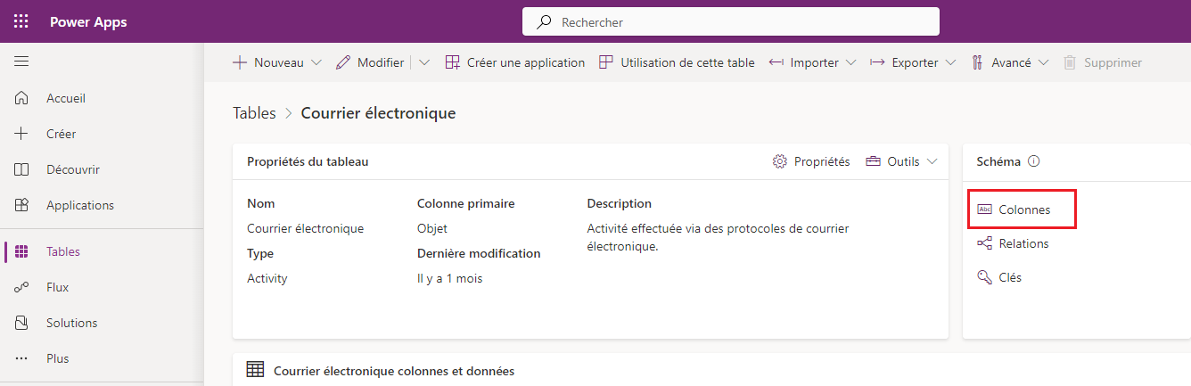 Capture d’écran qui montre l’emplacement de l’option Colonnes sous la section Schéma.