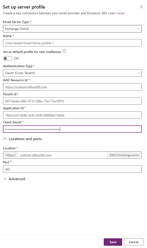 Capture d’écran du formulaire de profil du serveur de messagerie.