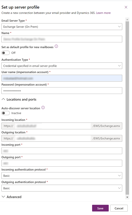 Capture d’écran des informations d’identification spécifiées dans le profil du serveur de messagerie.