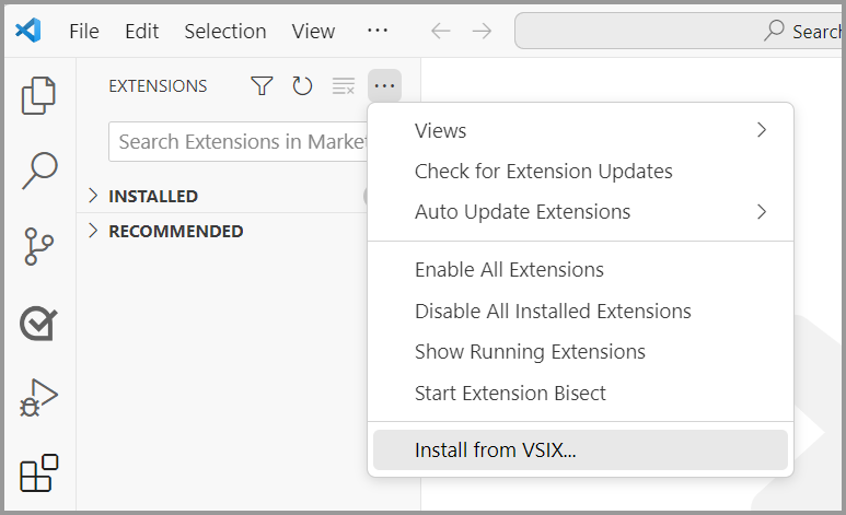 Sélectionnez Installer à partir de VSIX