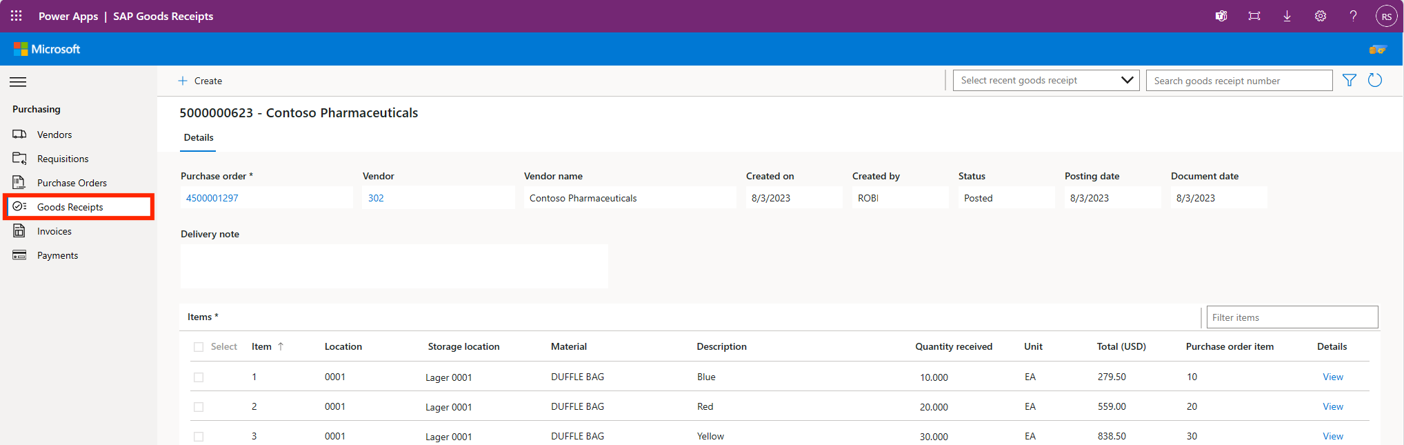 Image de l’application de bon de commande SAP Procurement de Microsoft pour Power Platform.
