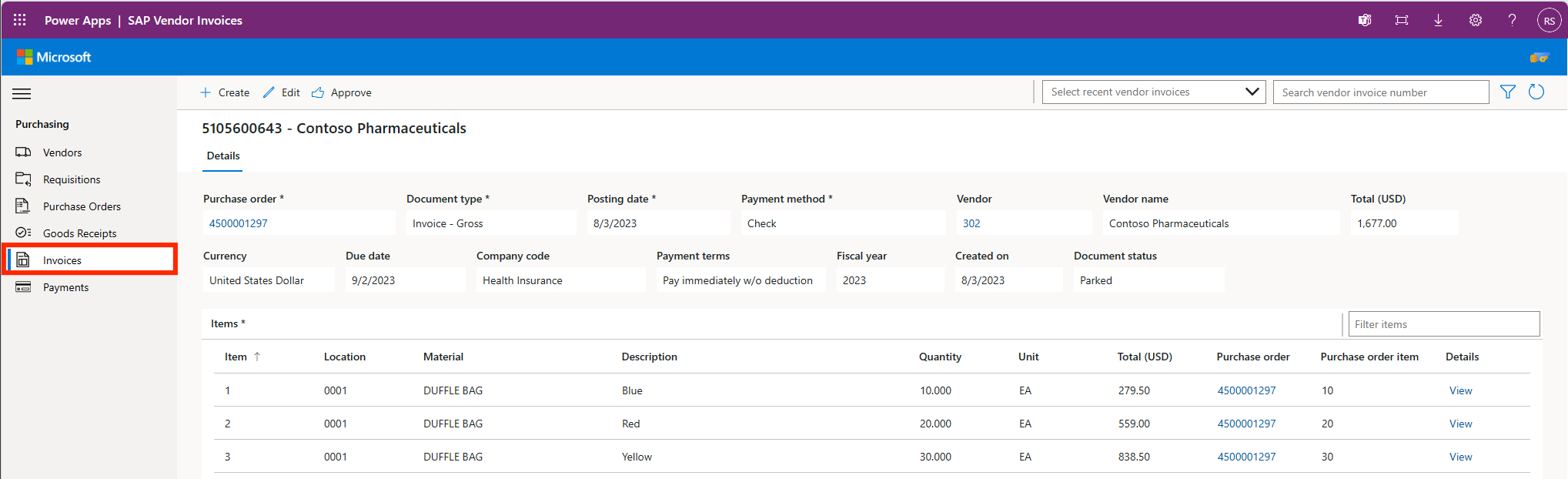 Image de l’application de bon de commande SAP Procurement de Microsoft pour Power Platform.