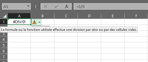 Feuille de calcul Excel avec A1=1/0 et #DIV/0! affiché dans la cellule