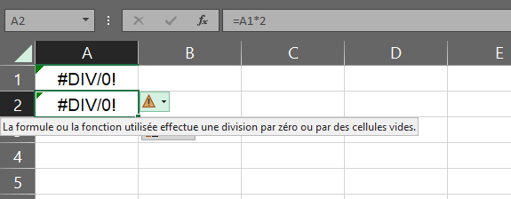 Feuille de calcul Excel avec A2=A1*2 et #DIV/0! affiché dans la cellule