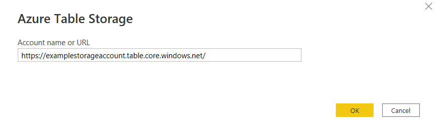 Capture d’écran de la boîte de dialogue Stockage Table Azure, montrant l’URL de stockage complète ajoutée.