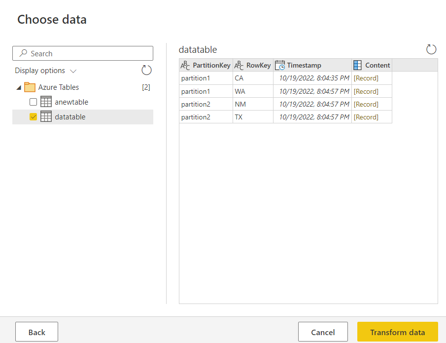Capture d’écran de la fenêtre de choix des données du Stockage Table Azure dans Power Query en ligne.