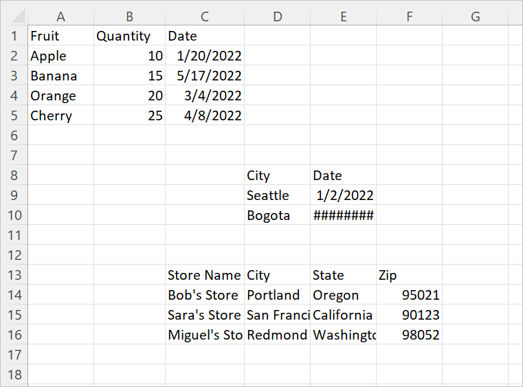 Capture d’écran de classeur Excel avec trois ensembles de données.