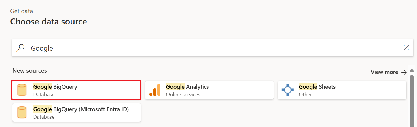 Capture d'écran de la zone de dialogue Obtenir des données en mettant l'accent sur le connecteur Google BigQuery.