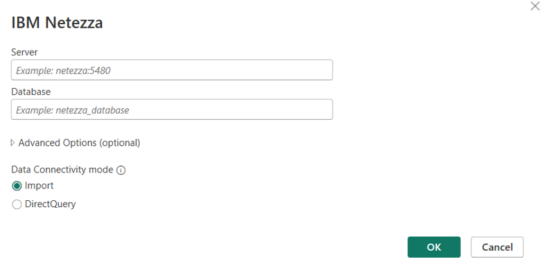 Capture d’écran de la boîte de dialogue Netezza avec un nom de serveur entré et le mode importation de connectivité des données sélectionné.