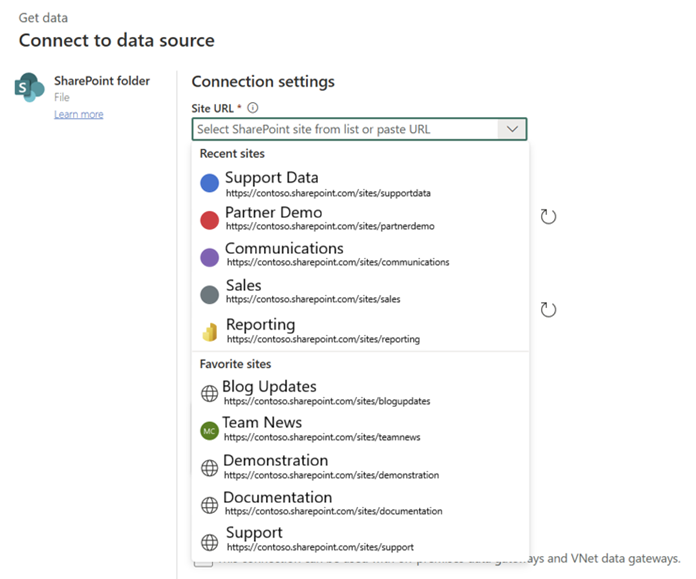 Capture d'écran de la sélection d'un site SharePoint dans le sélecteur de site SharePoint.